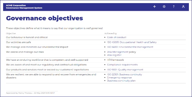 Phrontex screen shot: Governance objectives